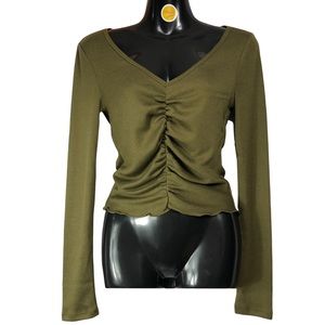 BP. Ruched, Stretch Knit Top Long Sleeve Olive Green NWT